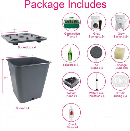 4 Hydroponic Buckets Kit for Plants, Hydroponics Growing System for Herbs/Tomato/Vegetables, DWC System with Air Pump & Germination Tray (Complete Indoor Hydroponic Gardening Supplies)