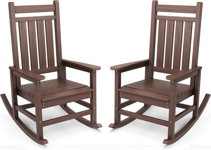SERWALL HDPE Outdoor Rocking Chair Set of 2, Oversized Rocking Chairs, All Weather Resistant Outdoor Rockers for Lawn, Wooden