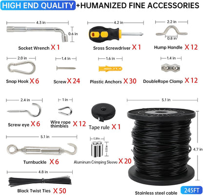 246FT Black Vinyl Coated 304 Stainless Steel Wire Rope Cable Kit – Heavy Duty Outdoor String Light Hanging Guide Wire with M5 Turnbuckle for Patio, Garden, Christmas Lights
