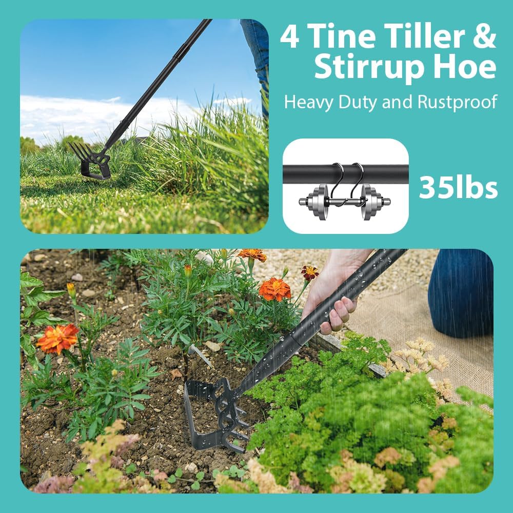 Upgraded Hula Hoe and Garden Hoe, Stirrup Hoe with Adjustable Handle for Weeding Digger loosening Soil Metal Garden Cultivator Hula Hoe with Rake Tiller Cultivator (30-62 Inch)