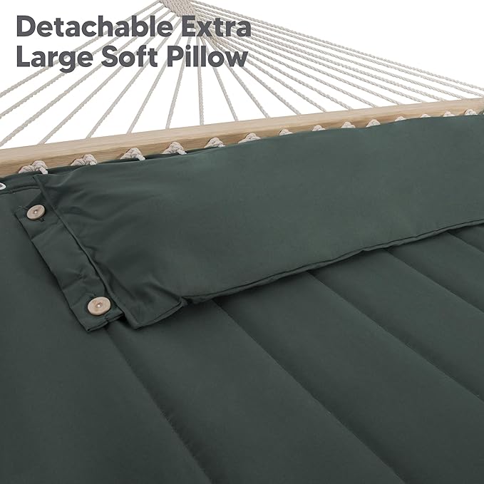 SUNCREAT Hammocks Extra Large Double Hammock with 12 ft Stand, 475lbs Capacity, Outdoor Portable Hammock with Hardwood Spreader Bar, Extra Large Pillow, Gray Green