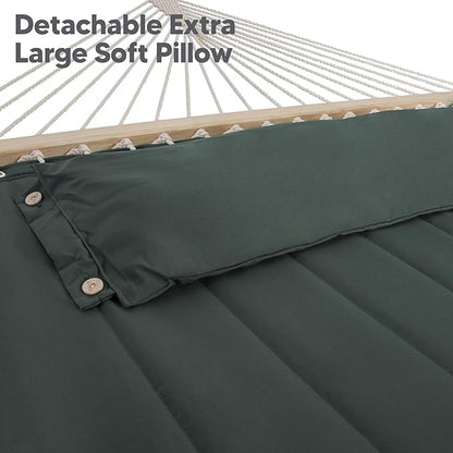 SUNCREAT Hammocks Extra Large Double Hammock with 12 ft Stand, 475lbs Capacity, Outdoor Portable Hammock with Hardwood Spreader Bar, Extra Large Pillow, Gray Green
