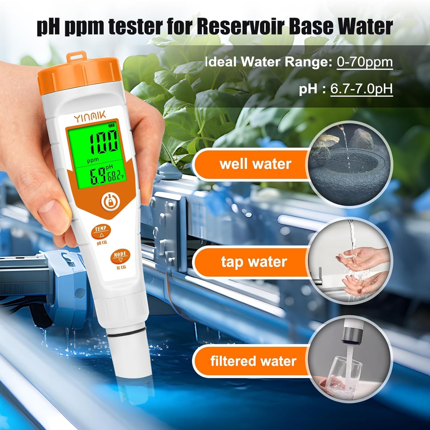 pH Meter for Hydroponics PPM EC Meter for Plant Nutrients Simultaneous Measurement of pH Conductivity TDS Temperature for Reservoir Tank Water DWC Aeroponic Garden Indoor Outdoor Growing