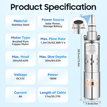 Deep Well Submersible Pump, DC 12V 180W Electric Solar Powered Water Pump 1.2m3/h Max Head 65.62ft Stainless Steel High Pressure Water Well Pump for Well, Tank Filling Farm (12V 180W)