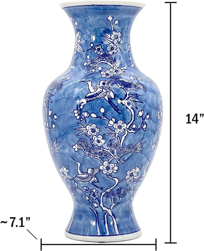 Galt International White & Blue Floral Crane Chinoiserie Ceramic Vase 14" - Hand Painted Antique Style Porcelain Bird & Flower Bottle Fishtail Porcelain Chinese Vase for Home Decor Centerpiece