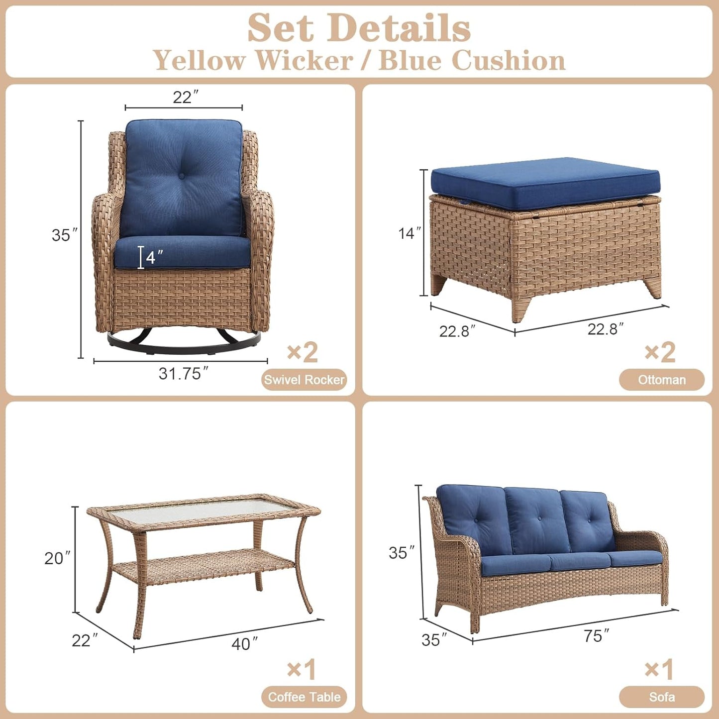 Wicker Outdoor Furniture Patio Furniture Set - 6 Piece Patio Conversation Set with Swivel Rocker Chairs, Rattan Sofa, Ottomans and Coffee Table, Blue Cushion