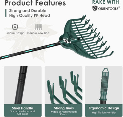 ORIENTOOLS 17Tines Double Row Garden Rake Set with 9Tines Leaf Hand Rakes, 272L Leaves Bin and Gardening Gloves for Scooping and Picking up Leaves, Clear and Collect Garden Rake Kit