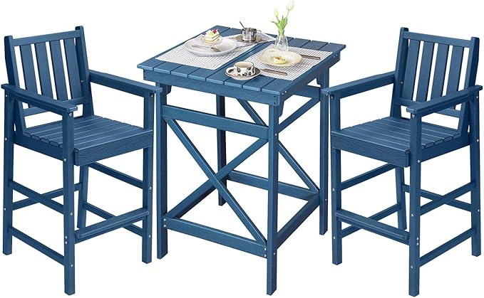 QUASCO 3-Piece Outdoor Adirondack Chairs and Table, All Weather HDPE Tall Adirondack Chair Set of 2 and Bar Table, Outdoor Bar Stools Set for Bistro Balcony Patio, Navy