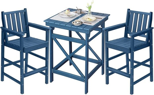 QUASCO 3-Piece Outdoor Adirondack Chairs and Table, All Weather HDPE Tall Adirondack Chair Set of 2 and Bar Table, Outdoor Bar Stools Set for Bistro Balcony Patio, Navy