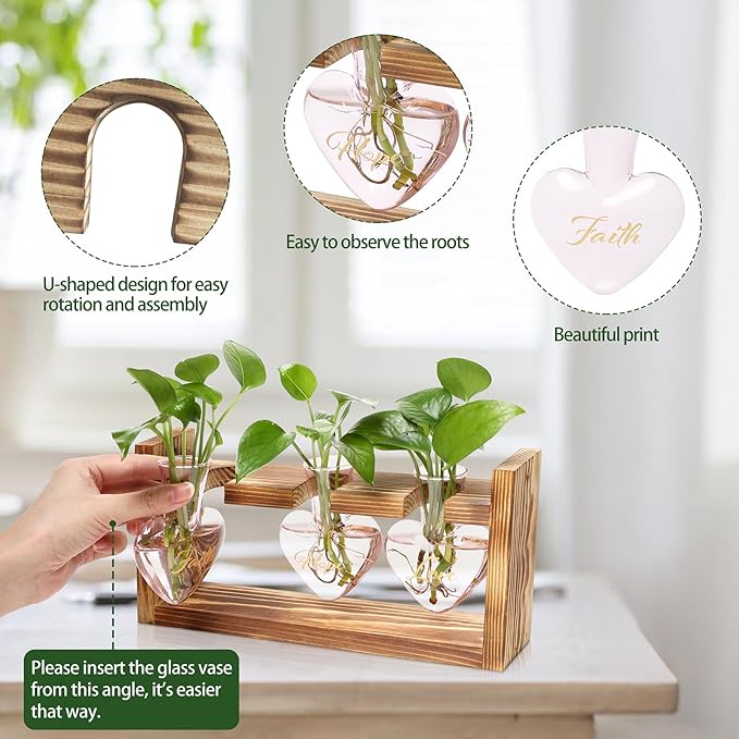Plant Terrarium Propagation Stations Faith Hope Love Hydroponics Home Garden Decoration Gift for Women with Wooden Stand Heart Shaped Colored Glass Vase