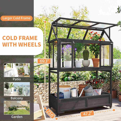 Wooden Cold Frame Greenhouse with Wheels, Portable Fir Garden Plant House with Storage Box, Openable Roof for Seedlings, Herbs, Winter Crops, Perfect for Patio, Balcony, Garden