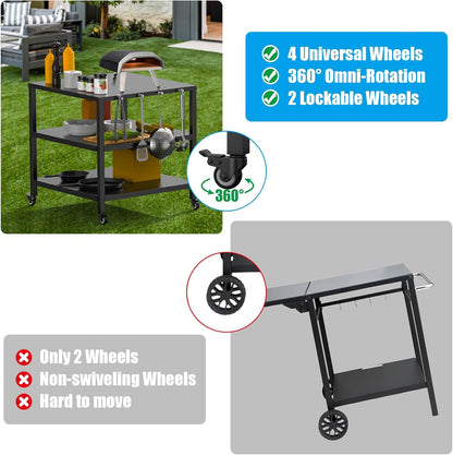 31x31x33 Inch Grill Cart for Outdoor Pizza Oven Table for Ooni, Blackstone, Ninja Grill Stand, Three-Shelf Movable Food Prep and Work Cart Station, Stainless Steel Trolley Table with Waterproof Cover