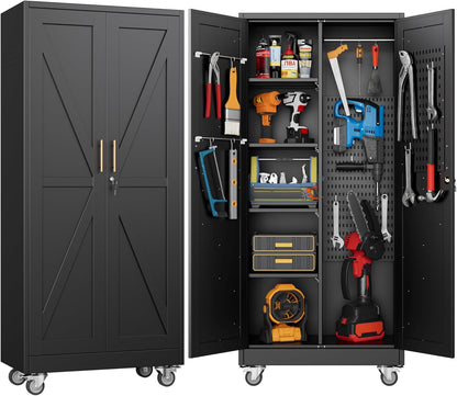 31.5 in Wide Garage Storage Cabinet, Metal Tool Cabinet with 4 Adjustable Shelves, Garage Storage System with Lockable Door for Offices, Gyms and Pantries, Black
