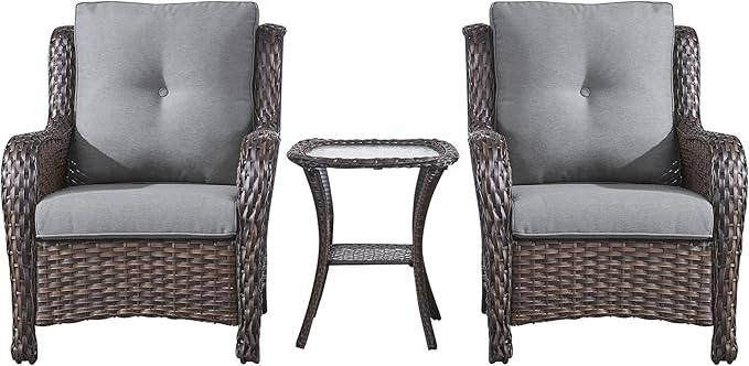 Rilyson Patio Bistro Set Wicker Chairs - 3 Piece Outdoor Rattan Conversation Set with 2 Armrest Chair and 1 Side Table for Proch Deck Garden Backyard Balcony(Brown/Grey)