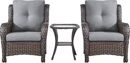 Rilyson Patio Bistro Set Wicker Chairs - 3 Piece Outdoor Rattan Conversation Set with 2 Armrest Chair and 1 Side Table for Proch Deck Garden Backyard Balcony(Brown/Grey)