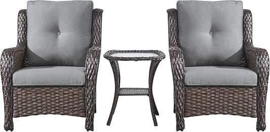 Rilyson Patio Bistro Set Wicker Chairs - 3 Piece Outdoor Rattan Conversation Set with 2 Armrest Chair and 1 Side Table for Proch Deck Garden Backyard Balcony(Brown/Grey)