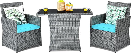 Tangkula 3 Pieces Patio Dining Set, Patiojoy Space-Saving PE Rattan Bistro Set with Tempered Glass Top Table and Cushioned Chairs, Outdoor Conversation Set for Garden, Backyard, Poolside, Porch