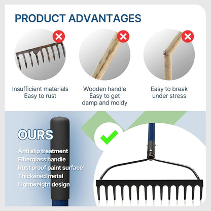 57 Inch Heavy Duty Garden Rake with Blue Fiberglass Handle - 14-Tooth Metal Yard Rake for Gardening, Farming, and Yard Work - Durable Hard Rakes for Heavy Duty Use