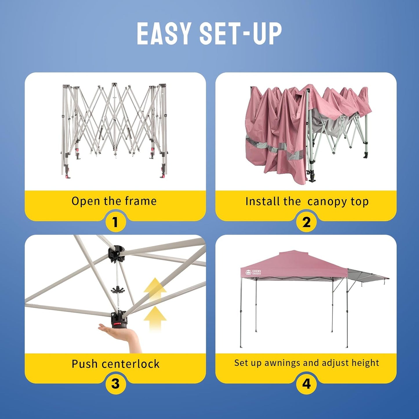 CROWN SHADES 10x10 Pop up Canopy Tent, Instant Commercial Canopy with Extend Awning, Patended Centerlock, 150D Silver Coated Fabric, 4 Ropes, 8 Stakes, 4 Weight Bags, STO 'N Go Bag, Pink