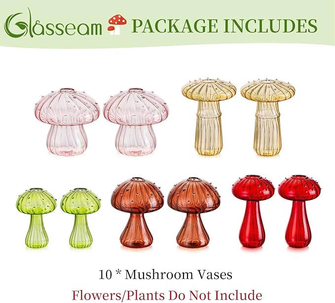 Glasseam Mushroom Planter Propagation Vase, Set of 10 Glass Terrariums for Plants, Cute Hydroponic Small Planter, Colored Propagate Station, Decorative Bud Vases for Flowers, Unique Gifts for Women