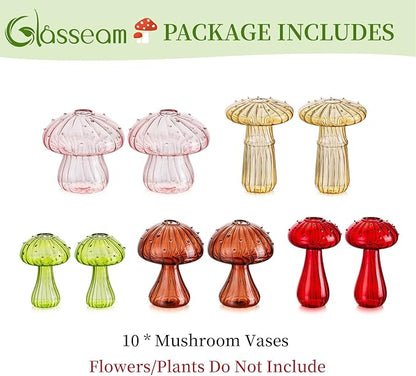 Glasseam Mushroom Planter Propagation Vase, Set of 10 Glass Terrariums for Plants, Cute Hydroponic Small Planter, Colored Propagate Station, Decorative Bud Vases for Flowers, Unique Gifts for Women