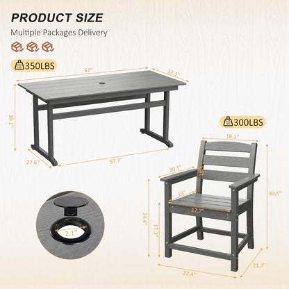 7pcs Outdoor Dining Set, HDPE Patio Dining Set for 6, All-Weather Outdoor Table and Chairs with Umbrella Hole & Adjustable Pads, Modern Patio Furniture Set for Backyard, Poolside &Lawn (Grey)