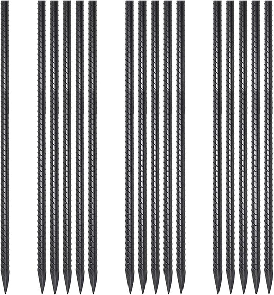 24 Inch Straight Rebar Stakes 16 Pack 1/2 Inch Diameter Metal Stakes for Garden with Chisel Point End Heavy Duty Steel Ground Anchors for Concrete Form, Landscape Timber, Plant Support, Black