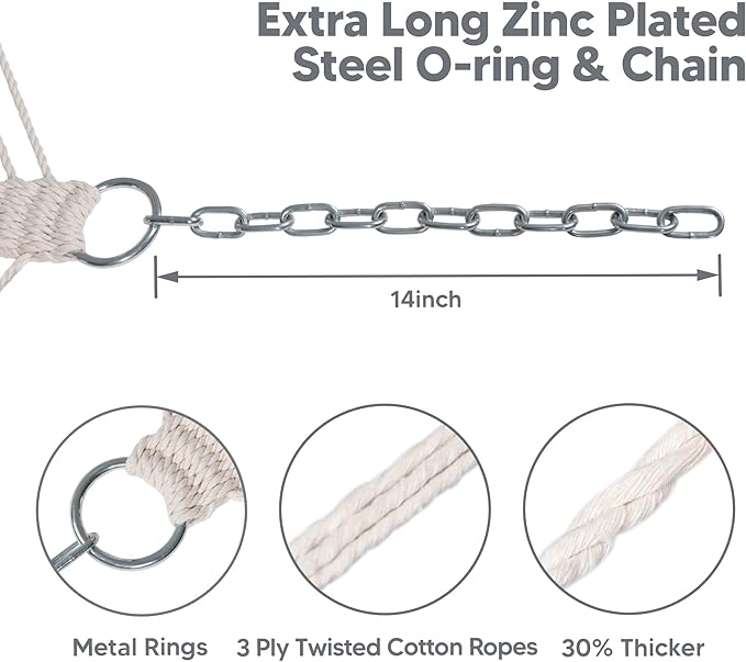 SUNCREAT Double Quilted Hammock with Hardwood Spreader Bar, Extra Large Soft Pillow, Heavy Duty 2 Person Hammock for Indoor, Outdoor, Black Stripes