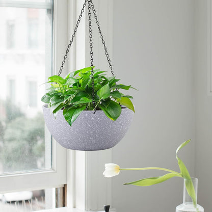 13 inch Large Hanging Planters Plant Pots for Outdoor Indoor Plants with Drainage Holes and Chain, 2 Pack Round Hanging Flower Pots for Garden Home Porch Decor, Speckled Grey