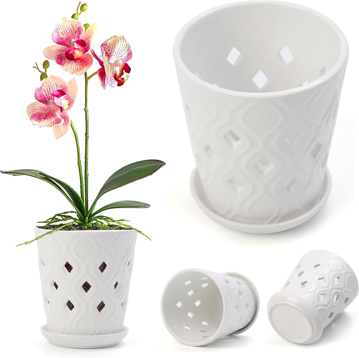 Whispering Winds Ceramic 5 x 6 Inch Orchid Pot with Holes & Saucer for Aeration and Drainage - Decorative Orchid Pots for Repotting, Prevent Over Watering & Root Rot (Carrara White)