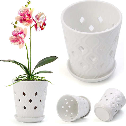 Whispering Winds Ceramic 5 x 6 Inch Orchid Pot with Holes & Saucer for Aeration and Drainage - Decorative Orchid Pots for Repotting, Prevent Over Watering & Root Rot (Carrara White)