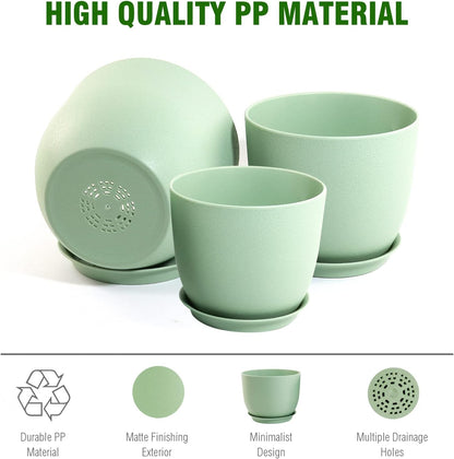 Modern Plant Pots Set, 9/8/7.5 inch Plastic Planters for Indoor Plants, Stylish Flower Pots with Drainage Holes and Saucers for House Plants and Flowers, Green