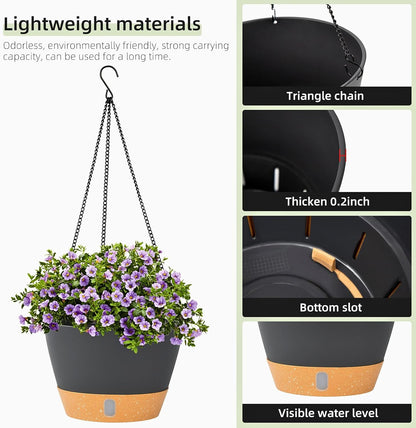 QCQHDU 2 Pack Hanging Planters for Indoor Outdoor Plants, 10 Inch Hanging Baskets Flower Pots with Reservoir Tray & Visible Water-Level