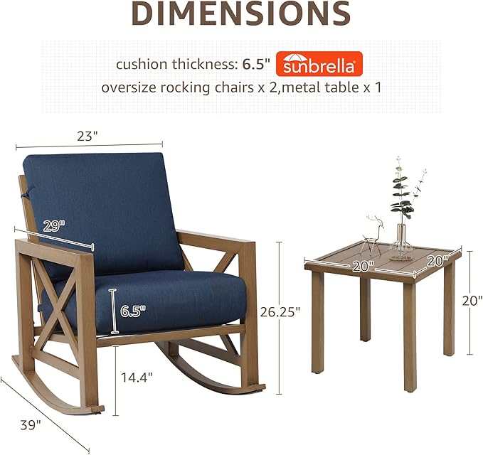 NATURAL EXPRESSIONS Sunbrella Rocking Bistro Set, 3 Piece Outdoor Patio Conversation Furniture Set with 6.5'' Thick Cushions Wood Grain Finish Frame for Backyard,Porch,Poolside