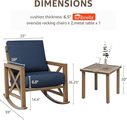 NATURAL EXPRESSIONS Sunbrella Rocking Bistro Set, 3 Piece Outdoor Patio Conversation Furniture Set with 6.5'' Thick Cushions Wood Grain Finish Frame for Backyard,Porch,Poolside