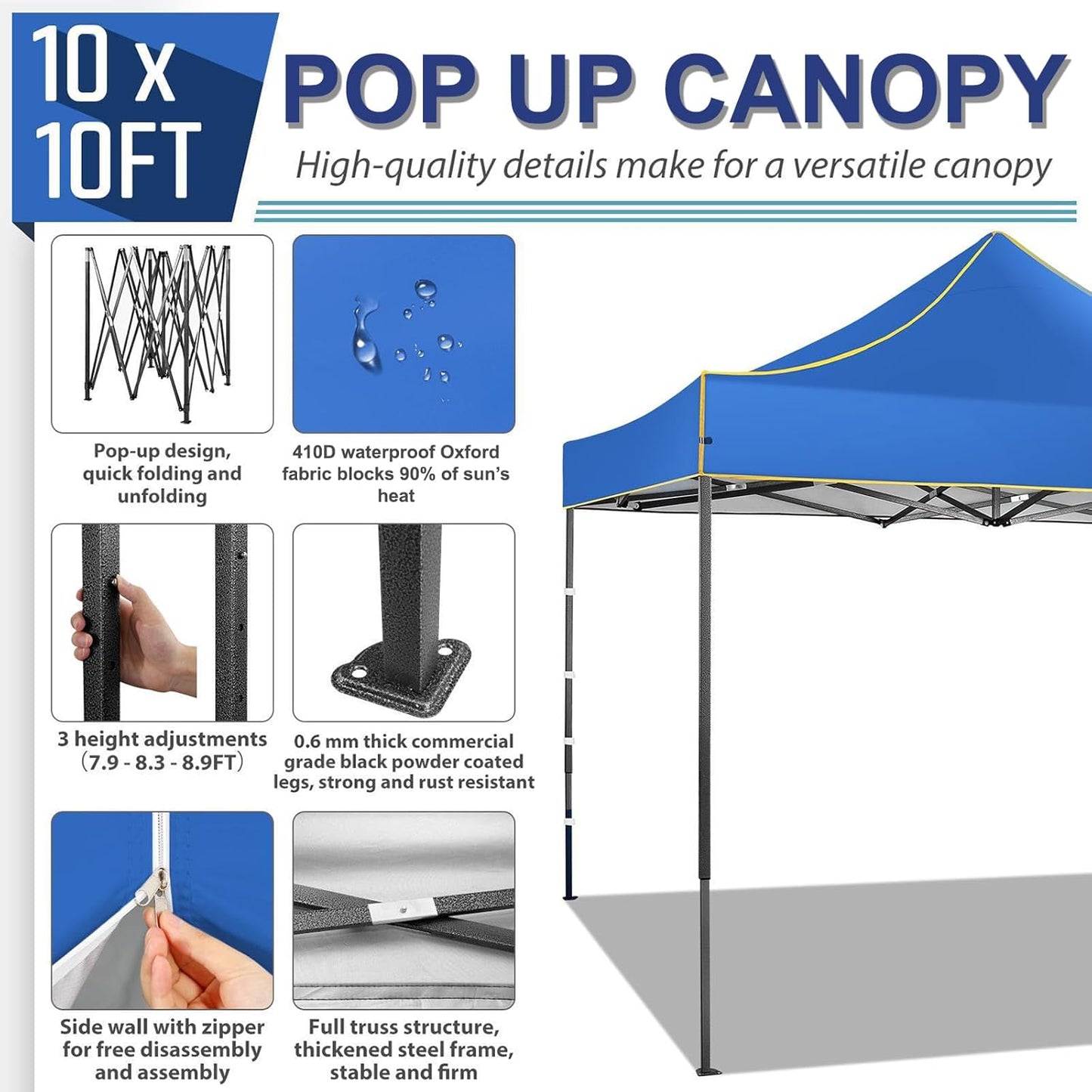 COBIZI 10x10 Heavy Duty Pop up Canopy with 4 Removable Sidewalls, Canopy Tent with Portable Bag, Ez Pop up Tent Commercial Gazebo Waterproof Sunshade for All Weather Party Camp Stall Patio