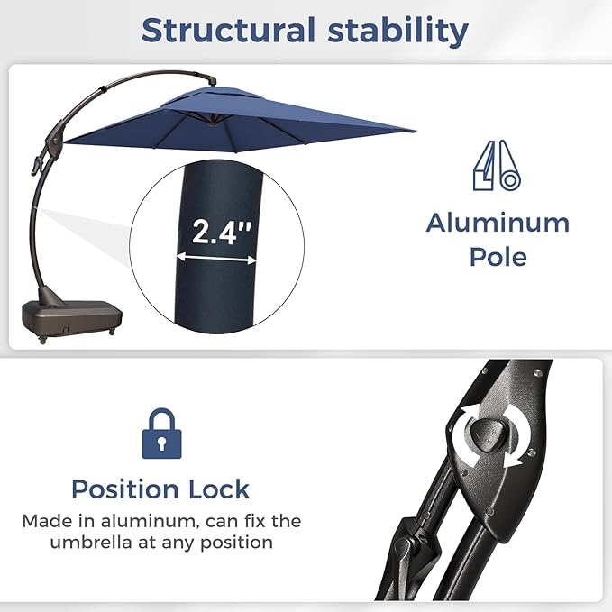 Grand patio 10x10 FT Patio Offset Umbrella, Large Square Aluminum Cantilever Umbrella Base Included for Deck Porch (Navy Blue, 10x10 FT)