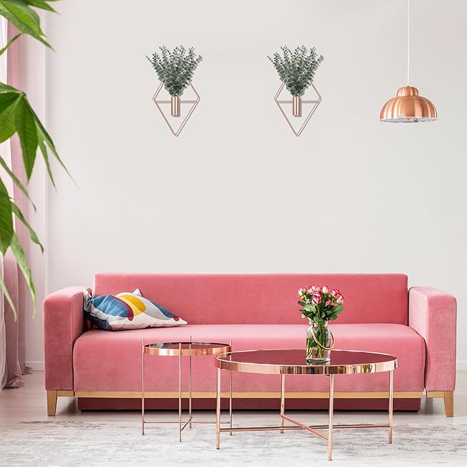 Jexine Hanging Planters with Artificial Eucalyptus Metal Hanging Vase Indoor Plants Holder Modern Geometric Boho Bathroom Wall Decor for Living Room Home Office(Rose Gold,4 Pcs)