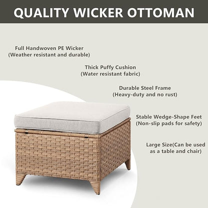 Rilyson Outdoor Patio Wicker Furniture Set - 5 Piece Rattan Patio Conversation Sectional Sofa Set with 1 Couch,2 Armchairs,2 Ottomans for Porch Deck Garden(Yellow/Beige)