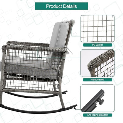 DECMICO 3-Piece Wicker Rocking Chair Set, Patio Bistro Furniture with Cushions & Side Table, Rattan Outdoor Conversation Bistro Set for Outdoor Use, Grey