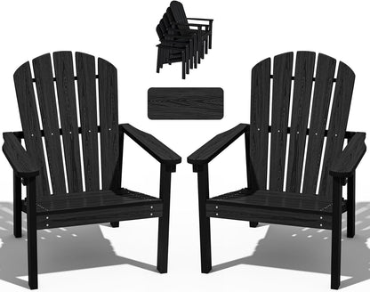 Stackable Adirondack Chair Set of 2, HDPE Outdoor Patio Chair - Durable and Space Saving, Suitable for Porches, Lawns or Garden, Black