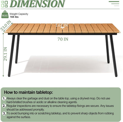 Outdoor Dining Table for 6, 70inch Patio Dining Table with Wooden-Like Top and Aluminum Frame, Rectangular Table with Umbrella Hole Outdoor Furniture, Brown