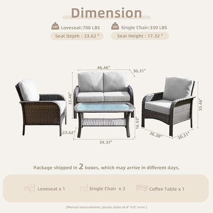 4-Piece Wicker Patio Furniture Set, All-Weather Rattan Conversation Bistro Loveseat Chair and Table Set for Backyard, Balcony and Deck with Soft Cushions and Metal Table(Gray)