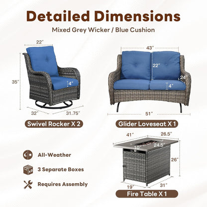 4 Piece Patio Furniture Set with Fire Pit Table - 41inch 50000 BTU Propane Fire Pit Table with High Back Loveseat Glider Chair and 2 Swivel Rocker Chair for Casual Gathering