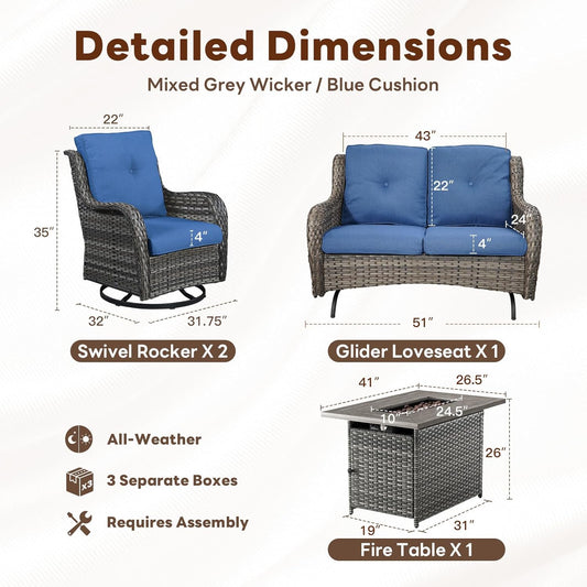 4 Piece Patio Furniture Set with Fire Pit Table - 41inch 50000 BTU Propane Fire Pit Table with High Back Loveseat Glider Chair and 2 Swivel Rocker Chair for Casual Gathering