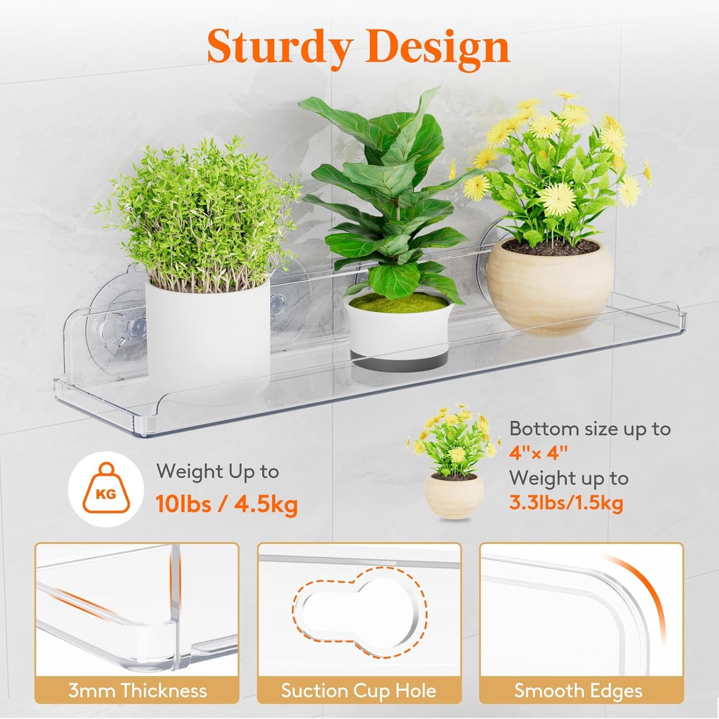 Lifewit Window Plant Floating Shelves 15 x 4 inch, 4 Pack Acrylic Suction Cup Shelf, Window Sill Extender for Indoor Succulent Plants, Micro Greens, Seed Starter Pots, Herb Planters