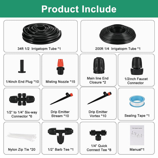 Complete 234FT Drip Irrigation System with 87 Quick Connectors - Automatic Sprinkler Kit for Lawn, Raised Bed, Greenhouse & Plant Watering. Includes 1/4'' Tubing, Drip Emitters, & Connectors