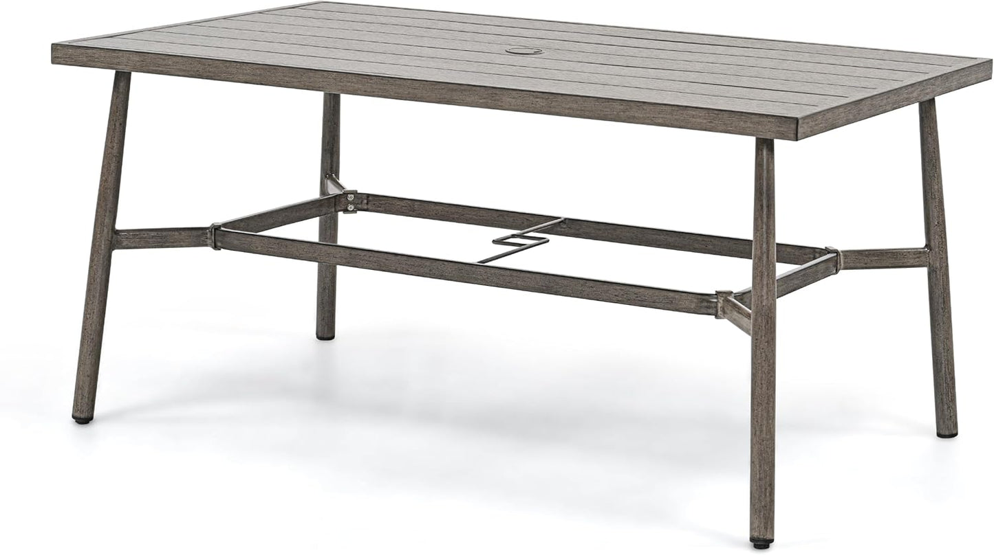 HAPPATIO Patio Table for 6, Large Modern Rectangle Outdoor Dining Table with Umbrella Hole and Adjustable Feet, All Weather Aluminum Patio Table for Garden, Backyard and Poolside, Grey