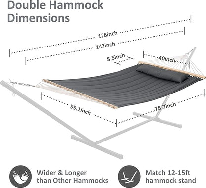 SUNCREAT Hammocks Double Hammock with Wooden Stand Included, Outdoor Hammocks for Outside, 475 lbs Capacity, Dark Gray