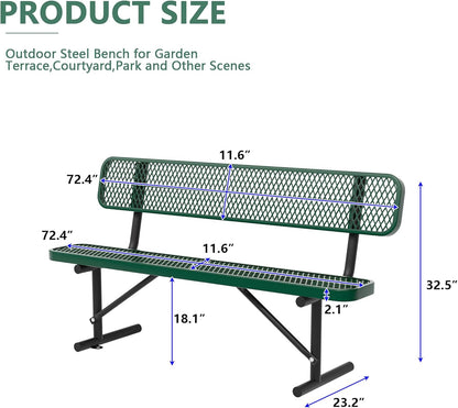 Heavy Duty Park Bench with Back Portable Frame, Outdoor Steel Bench with Backrest, Outdoor Park Bench Expanded Metal Mesh Bench for Lawn, Park, Deck, Garden, Patio, Porch, Black (Green, 6FT)
